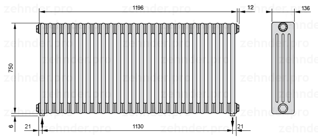 Схема (чертеж) Радиатор Zehnder Charleston 4075/26 №3570 Белый глянцевый RAL 9016